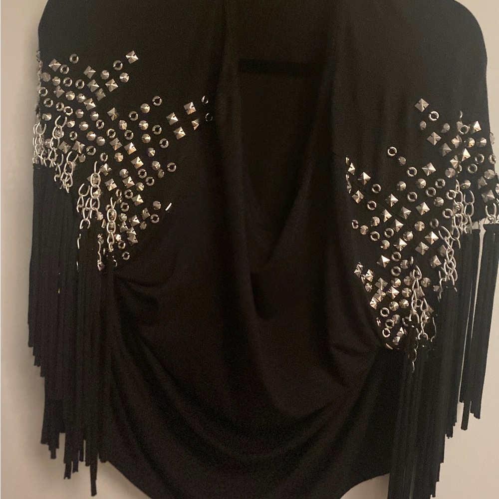 Michael Kors Black Fringe Blouse w/Silver Accents Cotton Limited Edition Size M